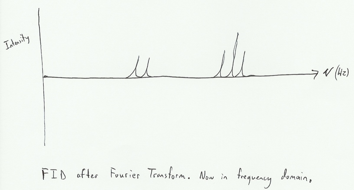 Hand-drawn NMR spectrum showing resonance peaks after a Fourier transform