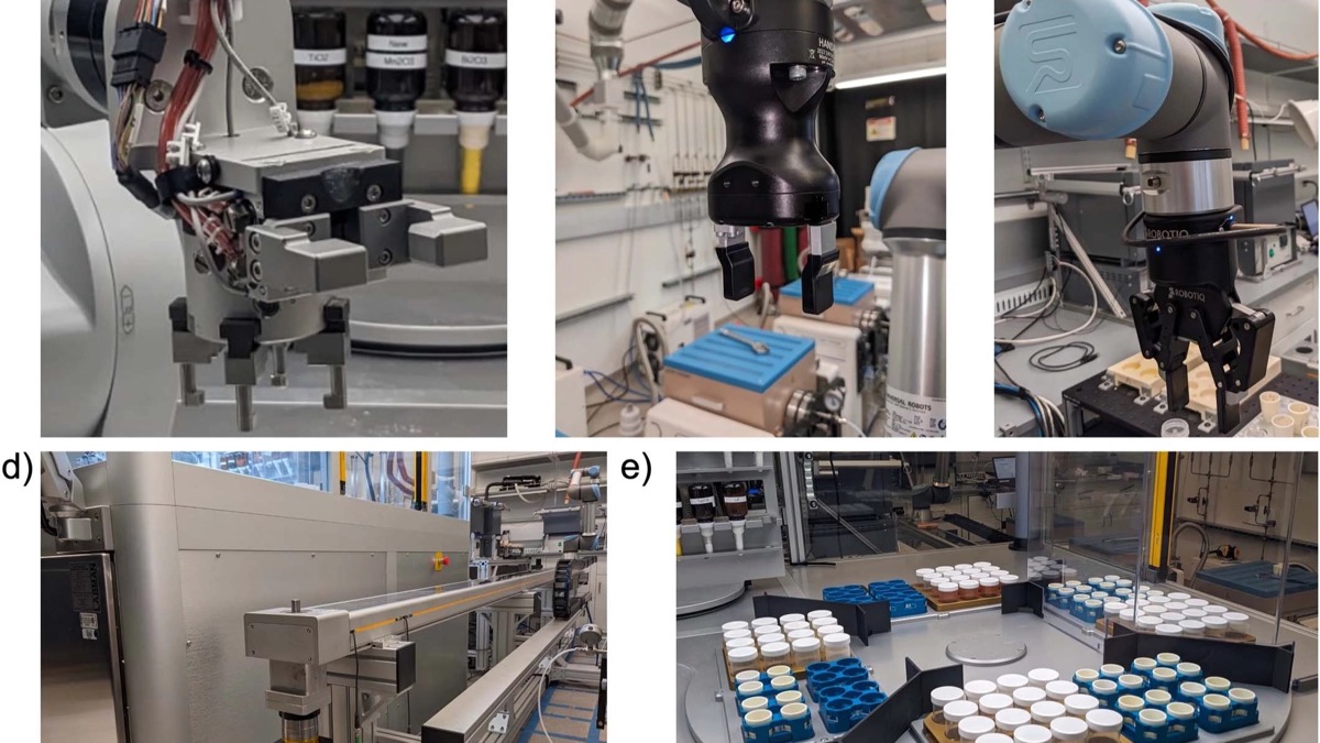 Robotic arms transferring samples in an autonomous chemistry laboratory