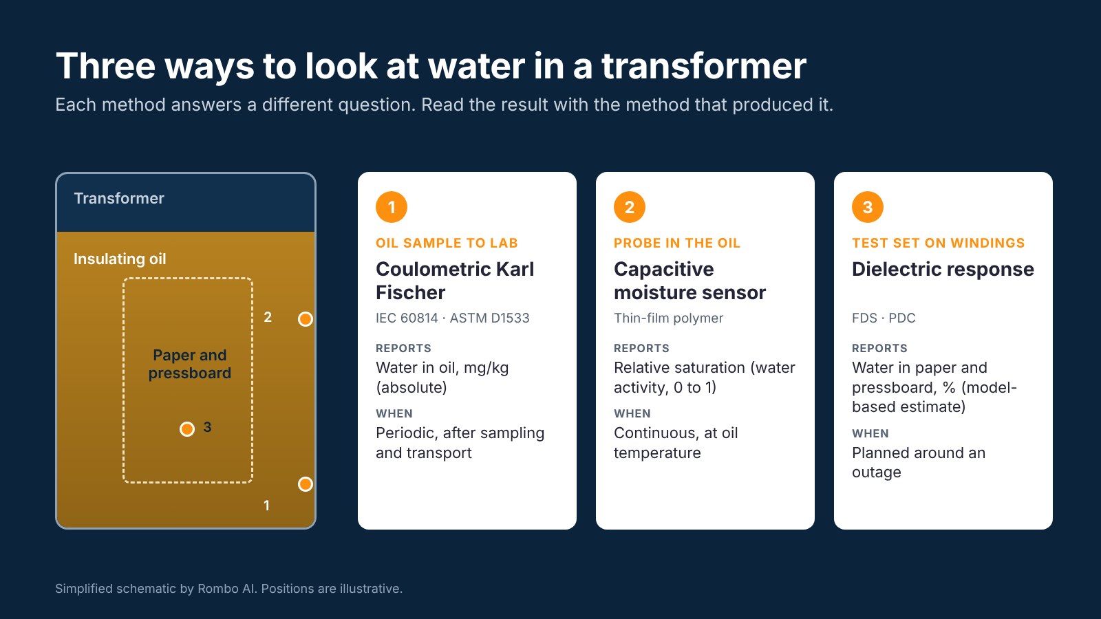 Schematic of a transformer with three measurement points: an oil sample for coulometric Karl Fischer titration, a capacitive probe in the oil reporting relative saturation, and a dielectric response test estimating water in paper and pressboard.